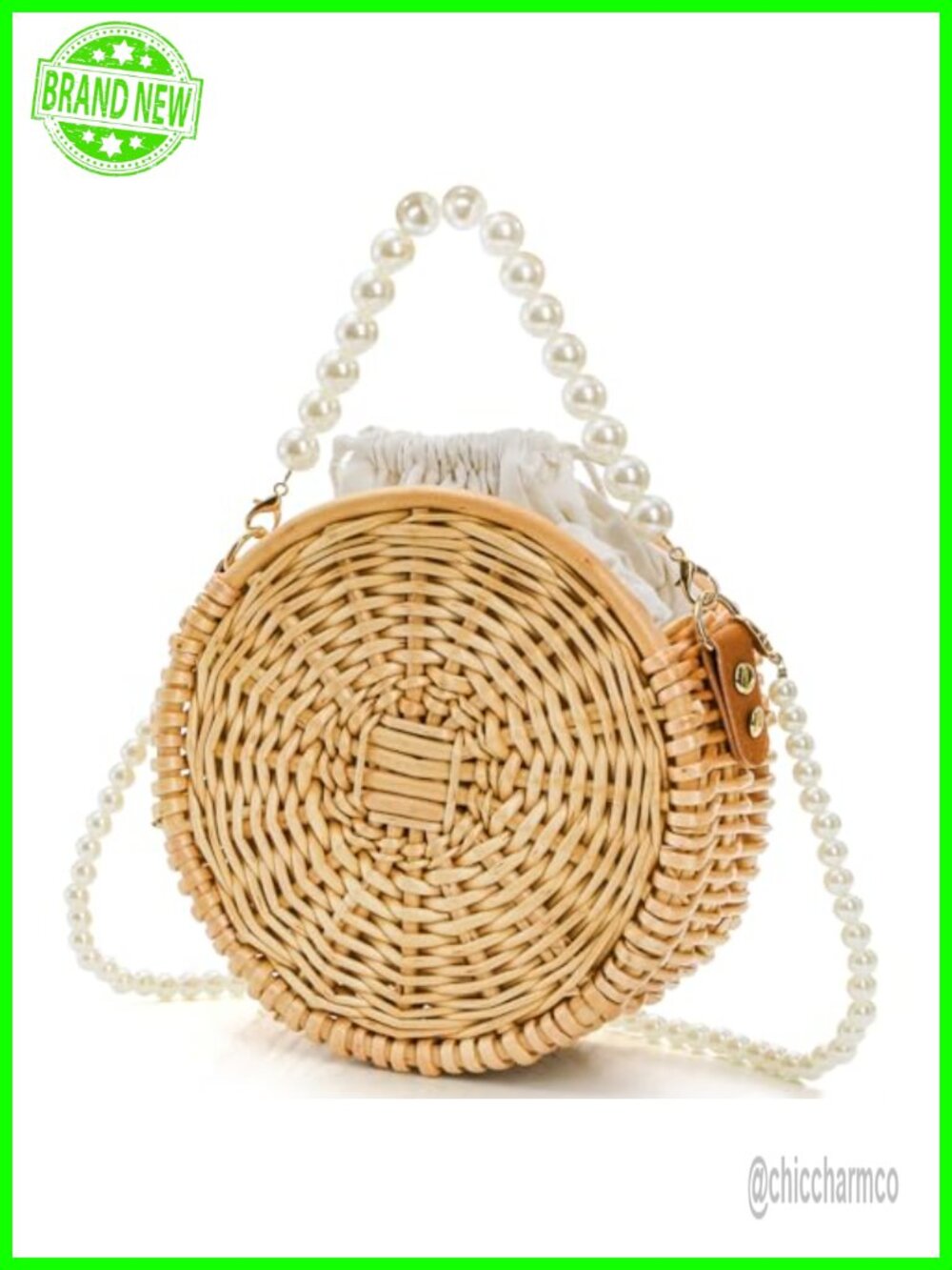 Round Rattan Crossbody Bag Hand-woven Wicker Basket Purse with Pearl Strap